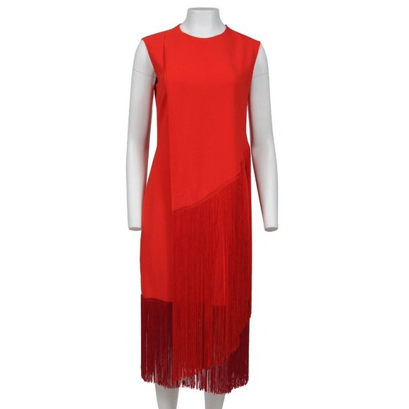 Stella McCartney Long Maxi Fringe Dress 44 Sleeveless Red Viscose Stretch - Picture 1 of 10